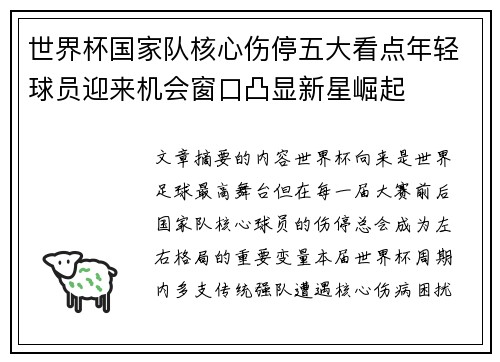 世界杯国家队核心伤停五大看点年轻球员迎来机会窗口凸显新星崛起