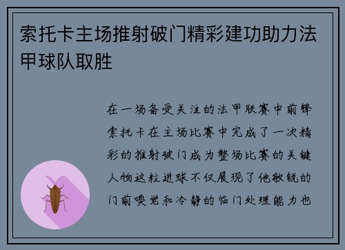 索托卡主场推射破门精彩建功助力法甲球队取胜