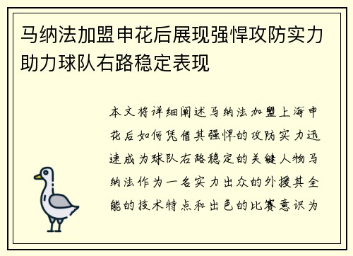 马纳法加盟申花后展现强悍攻防实力助力球队右路稳定表现